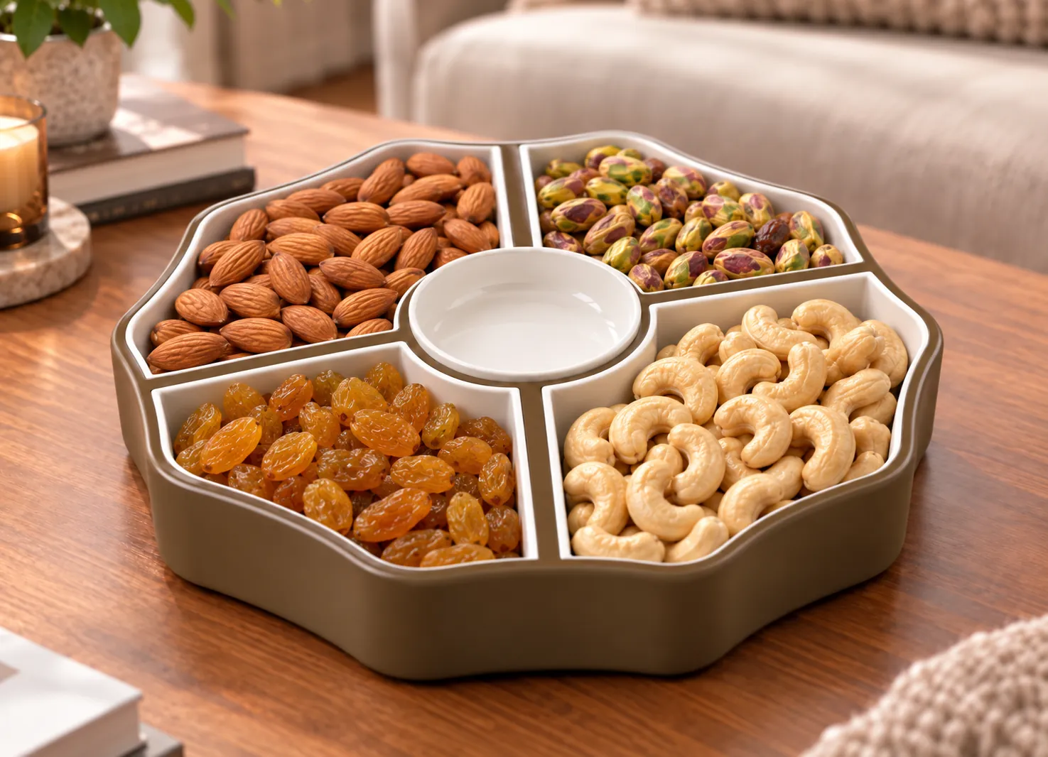 Petalo Tray Reuseable Snack Tray Total 400gms Of Assorted Dry Fruits 100gms Each Of Almonds Cashews Reisins Pistachios